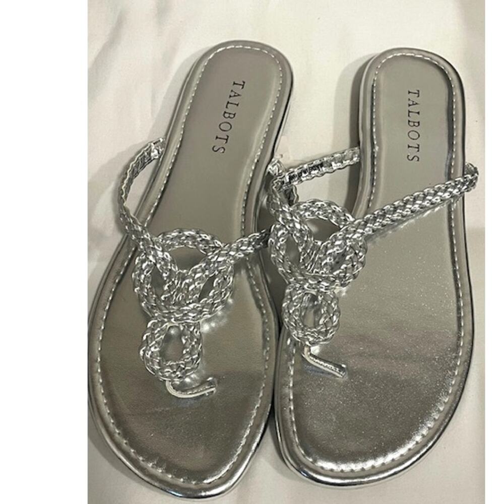 NWT Talbots Cece Thong Sandals Size 7 Womens Silver Slip On Braided Metallic - Picture 9 of 9
